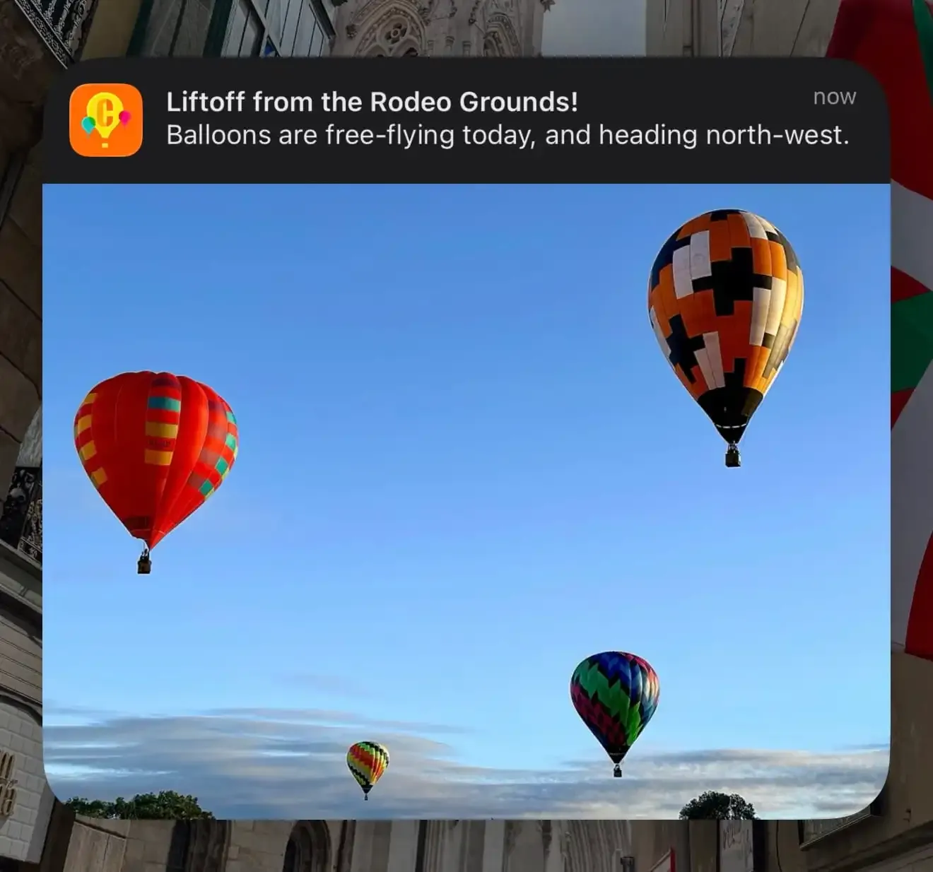 A notification from the Canowindra Live app, showing balloon launch information